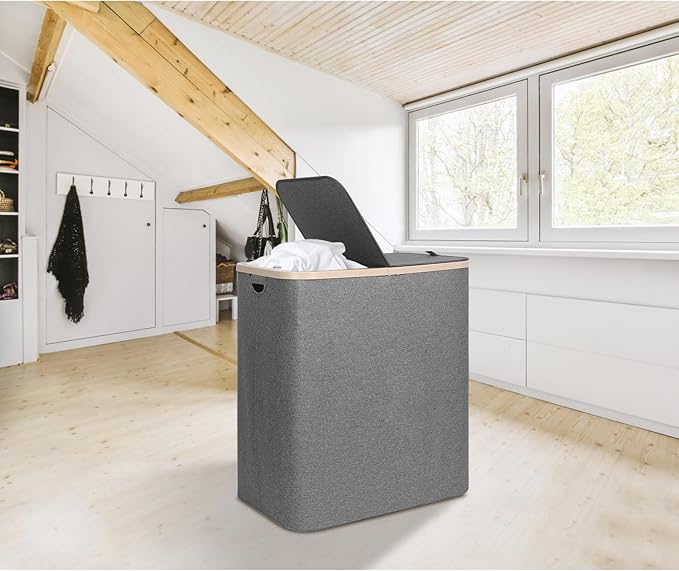 DOKEHOM 160L Double Laundry Basket with Removable Lid and Laundry Bags, Large Collapsible Laundry Hamper with 2 Sections (Grey)