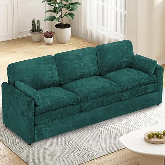 89” Chenille Sofa w/Arm Pillows, Upholstered 3-Seater Sofa w/Comfortable Back Cushions, Modern 3 Seats Couch w/High-Density Foam for Living Room, Apartment, Office, Teal