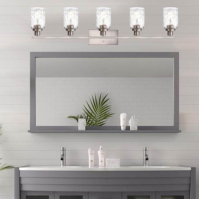 MELUCEE 5-Light Bathroom Light Fixtures Brushed Nickel Finish, Modern Vanity Light Industrial Wall Lamp with Clear Hammered Glass Shade for Powder Room Bedroom (Patent No.: US D963914 S)