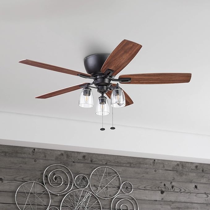 Prominence Home Arthur, 52 inch Industrial Farmhouse Flush Mount LED Ceiling Fan with Light, Pull Chain, Three Mounting Options, Dual Finish Blades, Reversible Motor - 51486-01 (Espresso)