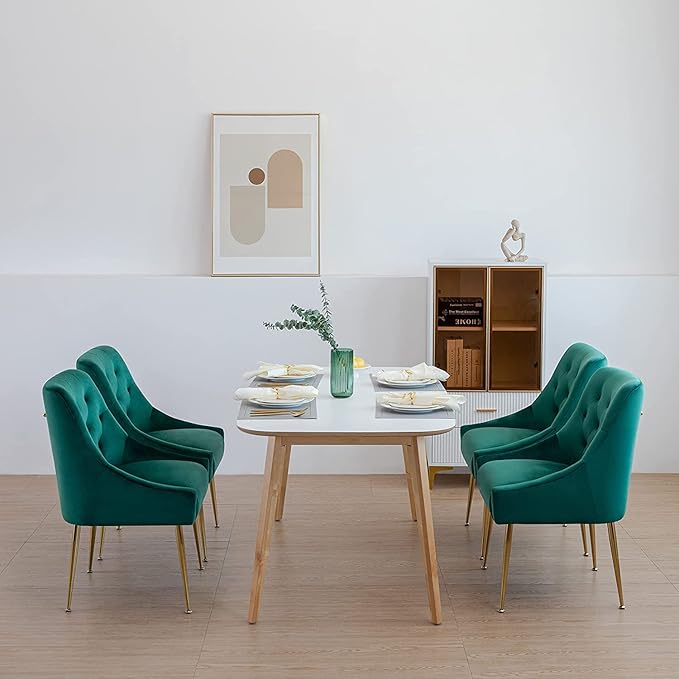 Modern Dining Chairs Set of 4, Mid Century With 5.12" Cushions and Golden Legs, Velvet Upholstered With Back Pull Rod, for Kitchen, Living Room (Green)