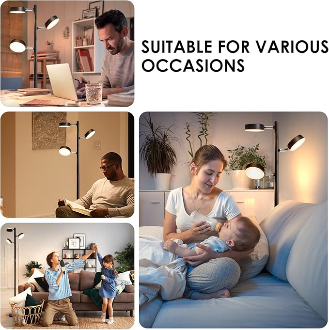 LED Tree Floor Lamp with Remote & Touch Control, 3 Heads Adjustable Dimmable Modern Floor Lamps with Timer, 4 Color Temperatures, Tall Standing Lamp for Living Room, Bedroom, Office, Black