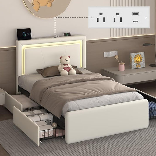 Twin Size Bed Frame with 4 Storage Drawers and LED Lights, Upholstered Platform Bed with Adjustable Headboard and Charging Station, Metal Slats Support, No Box Spring Needed,Easy Assembly, White