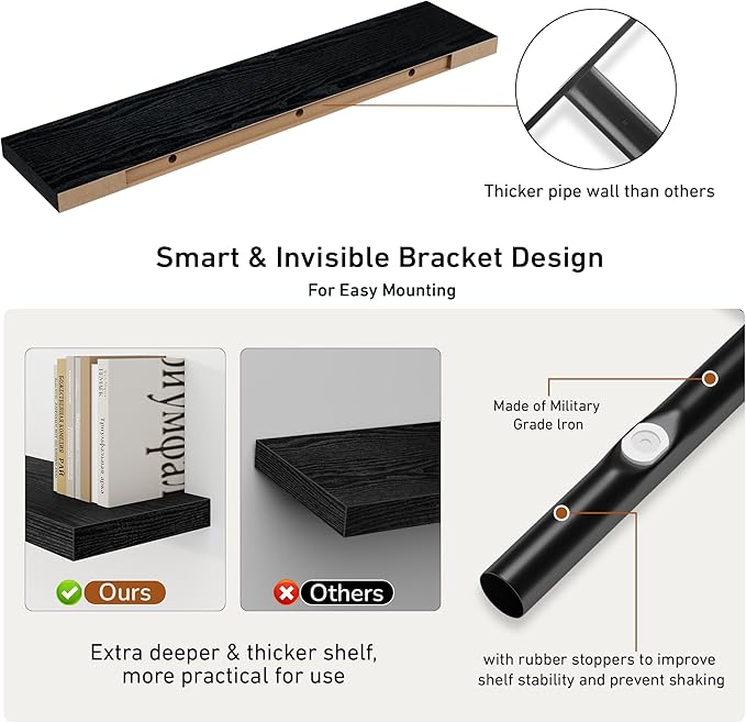 Fun Memories 48Inch Floating Shelves, 9.3Inch Deep Rustic Wall Shelves - Extra Deeper & Thicker Wall Mounted Storage Shelf for Kitchen, Farmhouse - Set of 2 - Rustic Black