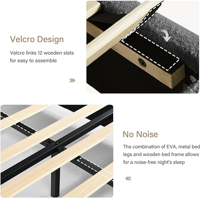 BarnFurin Queen Size Bed Frame, Boucle Upholstered Platform Bed Frame with Headboard, Modern Style, Soft Rounded Corners, No Box Spring Required, Easy Assembly, Dark Grey