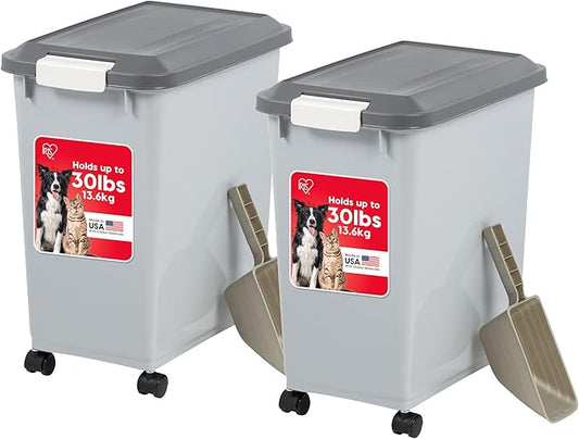 IRIS USA Dog Food Storage Container with Wheels, Airtight Lid, 2-Cup Scoop, Up to 30 Pounds Pet Food Storage, Built in Scoop Storage in Lid, Pet Food Bin, Portable, BPA Free, 2 Pack, Gray/Dark Gray
