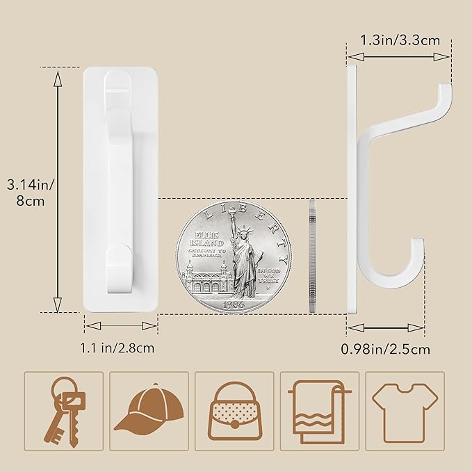 pickpiff Wall Hooks for Coat and Towel: 13LB Adhesive Door Hanger Stick on, White 4 Pack