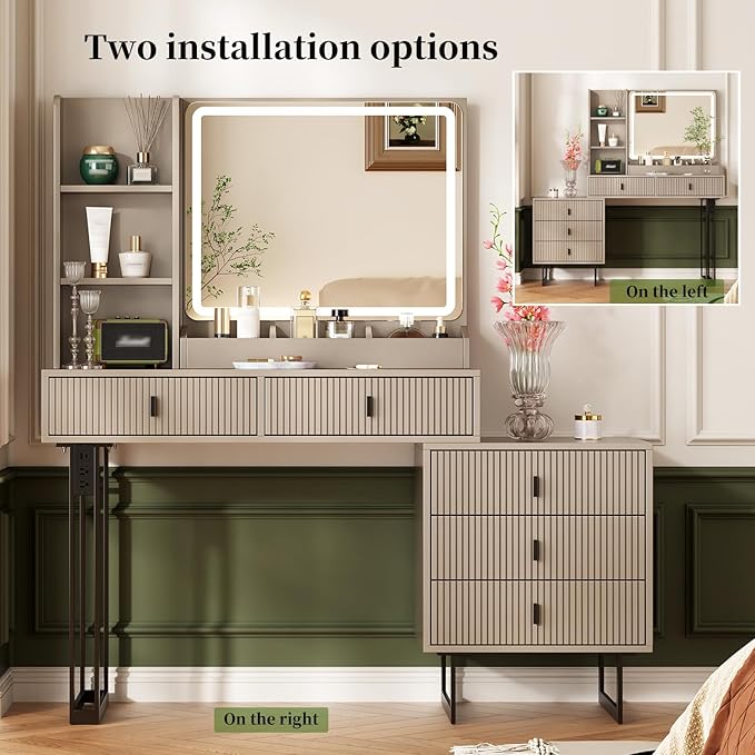 Large Vanity Desk with 3 Color Touch Screen Dimming Mirror, Vanity Desk with Charging Station, Modern Retractable Makeup Dressing Table, Makeup Table With storage shelves and 5 Sliding Drawers, Grey