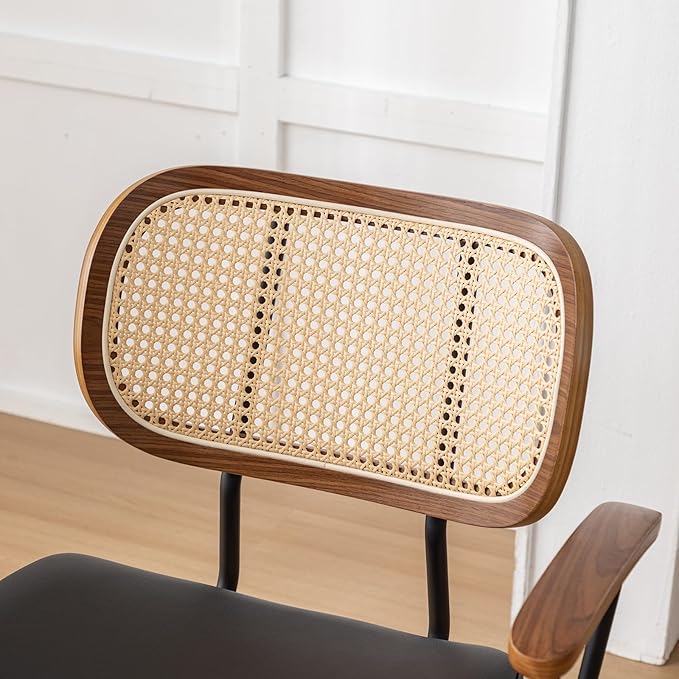 Rattan Dining Room Chairs Set of 2,Mid Century Modern Kitchen Side Chairs,Metal Legs Desk Chairs,Faux Leather Accent Chairs with Arms and Rattan Backrest,Black PU