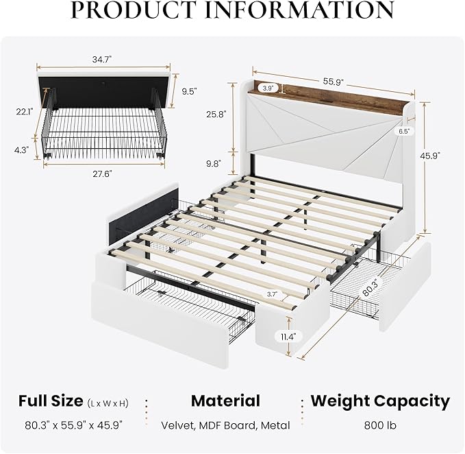 SHA CERLIN Full Size Bed Frame with 3 Drawers, USB & Type-C Charging Ports, Velvet Upholstered Platform Bed with Modern Geometric Wingback Storage Headboard, No Box Spring Needed, Easy Assembly, White