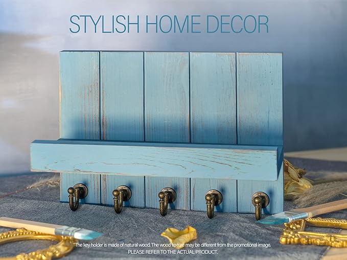 Rebee Vision Decorative Key Holder for Wall - Farmhouse Mail Organizer and Key Hanger Wall Mount for Floating Shelf with Hooks - Mid Century Home Decor Aesthetic (Distressed Blue)