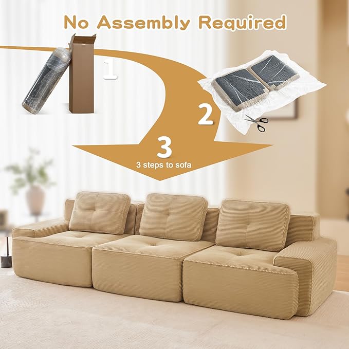 115" Modern Compressed Boneless Couch, 3 Seater Sectional Couches for Living Room, Camel Corduroy Cloud Modular Sectional Sofa, Comfy Memory Foam, Extra Deep, Sofas para Sala, No Assembly