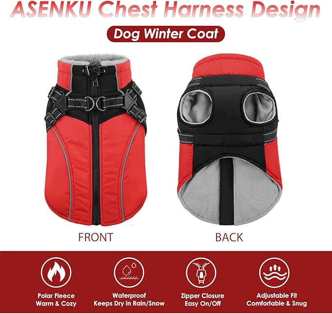 ASENKU Reflective Dog Coat with Built-in Harness, Windproof Fleece-Lined Dog Jacket for Small, Medium, Large Dogs, Warm Winter Vest with Turtleneck & Zipper (Red L)