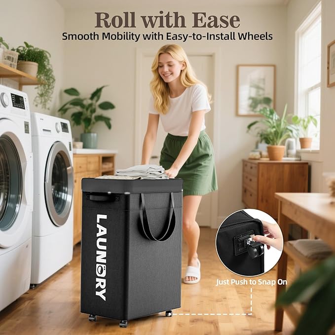 YECAYE 75L Rolling Laundry Hamper, Easy-to-Assemble Clothes Hamper with Wheels, Rolling Dirty Clothes Basket, Slim Basket for Bedroom, Bathroom, or Laundry Room, Black