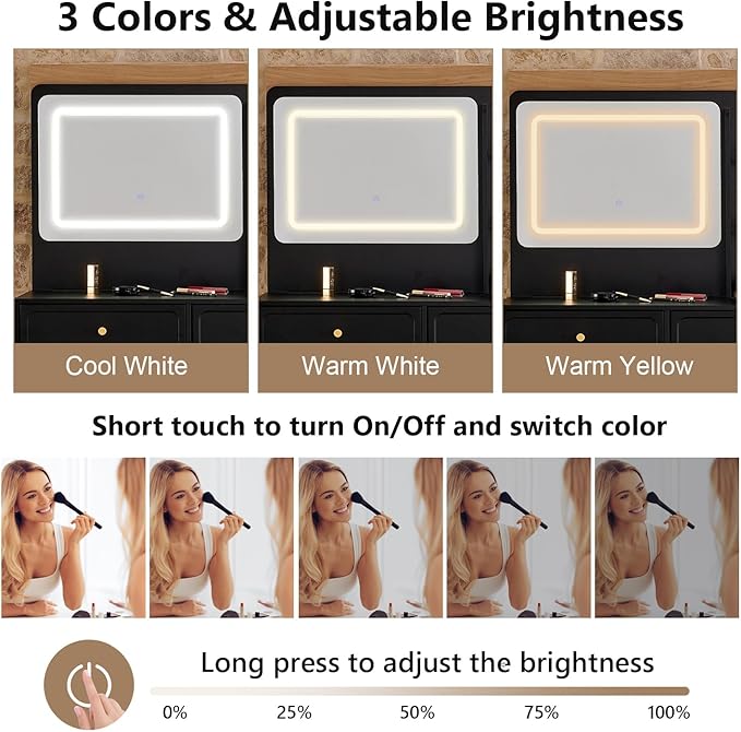 Merax 58" Large Vanity Desk with Mirror and Lights, Modern Black Makeup Vanity Set with Stool and Power Outlet, Retractable Dressing Table with Drawers and Side Cabinet for Bedroom, 3 Color Mode