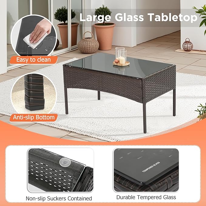 FDW Patio Furniture Set PE Rattan Patio Set Wicker Outdoor Furniture Bistro Set for Outdoor Indoor Use with Loveseats Coffee Table, Red Cushions, 4 Pieces