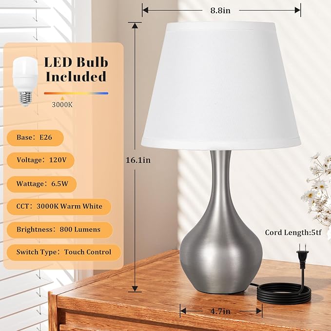 Seealle Touch Table Lamps for Nightstand, 3-Way Dimmable Small Bedroom Lamps for Night Stands, Silver Bedside Lamps for Living Room, Kids Room, End Table(LED Bulb Included)
