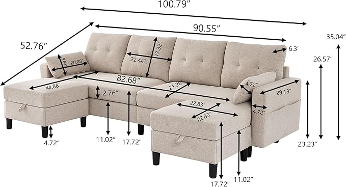 101" Convertible Sectional Sofa, Modern Linen Fabric U-Shaped Couch with 2 Storage Ottomans and Storage Pocket, 4 Seat Sofa Couches for Living Room, Apartment, Office, Beige