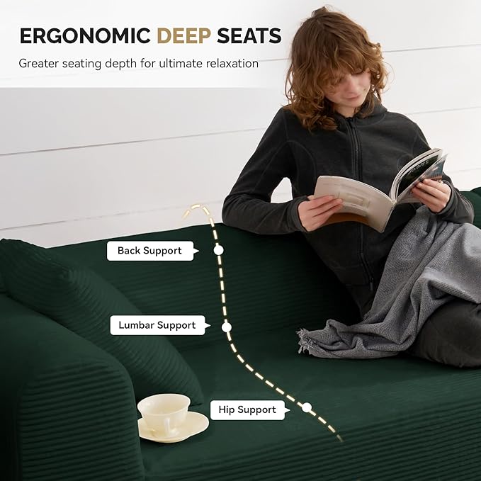 128" Oversized Modern Curved Sofa,Boneless Cloud Sectional Couch with Deep Seat,No Assembly Required Corduroy Couches for Living Room,Green,1 PCS