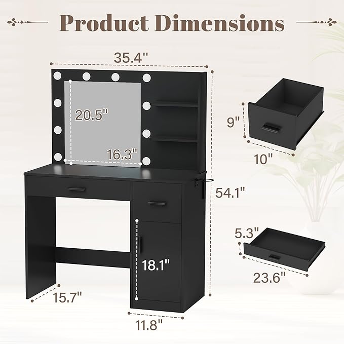YESHOMY Vanity Desk with Mirror, 10 Lights, Power Outlet and 3 Storage Shelves, Makeup Table with 2 Drawers & 1 Cabinet, 3 Color Modes, for Bedroom, Black