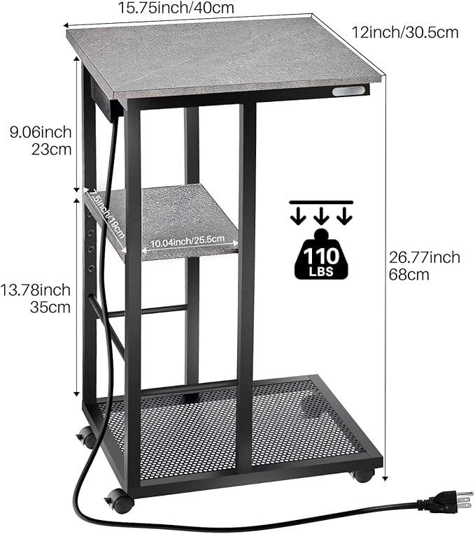 Redlife C Shaped End Table, Small Side Table for Couch C Tables with Charging Station, End Tables with Wheels & Adjustable Fee, Rolling Side Table for Living Room Bedroom (Grey Marble)