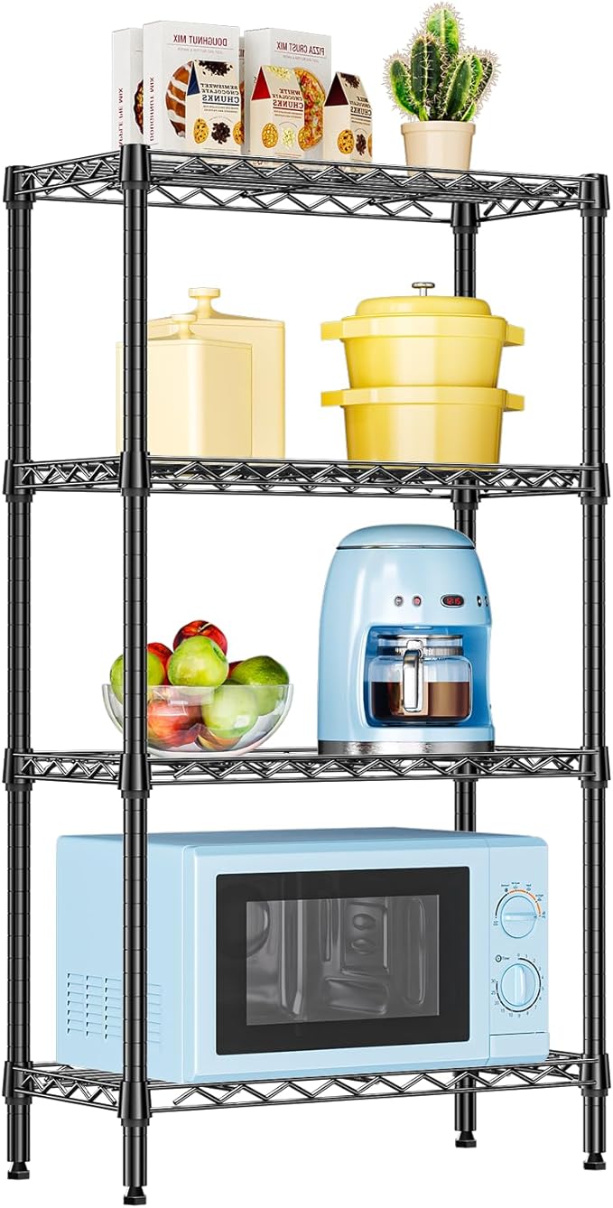 IZEUK 4 Tier Steel Storage Shelves, Heavy Duty Metal Shelf Wire Shelving Rack for Pantry, Kitchen, Living Room, or Office Organization (11.8" D x 25.6" W x 45.5" H, 1000LBS, Black)