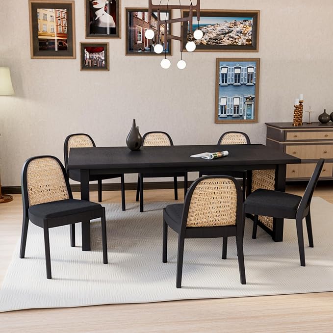 HEAH-YO Rattan Dining Chairs Set of 6, Upholstered Sherpa Dining Room Chairs with Backrests, Modern Kitchen Chairs with Wood Legs for Dining Room, Black