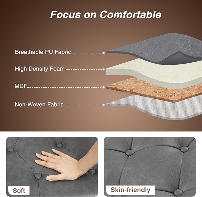 55 Inch Bedroom Bench, End of Bed Bench with Storage, Bed Benches for Foot of Bed, Faux Leather Window Bench with Rolled Arms, Upholstered Storage Bench with Tufted Button and Nailhead Trim, Gray