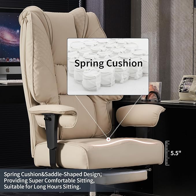 Big and Tall Office Chair 400lbs Wide Seat, Leather High Back Executive Office Chair with Foot Rest, Ergonomic Chairs Lumbar Support for Lower Back Pain Relief (Beige)