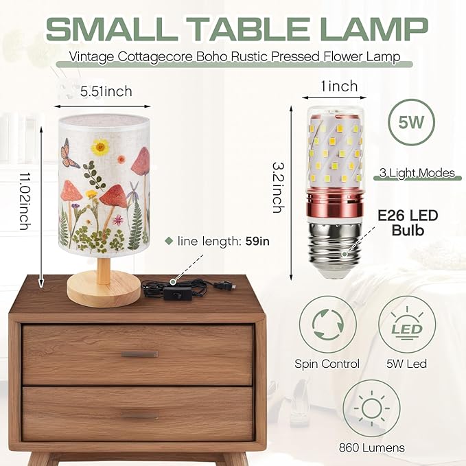 Hortsun Pressed Flower Lamp Vintage Table Small Lamp Cottagecore Decor Boho Night Light Decorative Rustic Night Light for Living Room, Bedroom or Office, Christmas Gift for Women