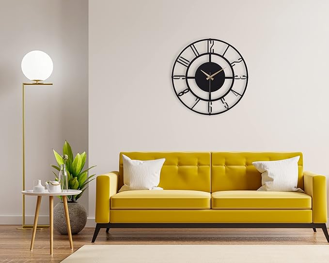 Large Metal Wall Clock | 20 inch Size Silent Battery Operated Large Size Analog Black Wall Clocks | Modern Wall Decor for Living Room Bedroom Kitchen Home Office