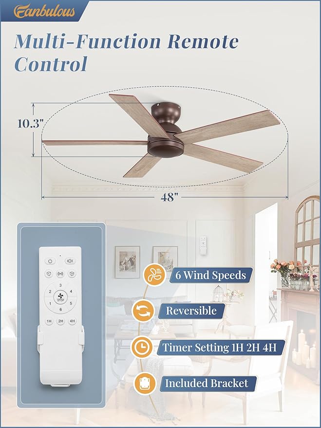 48 Inch Low Profile Ceiling Fan without Lights, Brown Farmhouse Ceiling Fan no Light, 6-Speeds, Quiet Reversible DC Motor, Indoor/Outdoor Ceiling Fans with Remote for Patio, Living Room, Bedroom