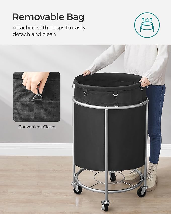 SONGMICS 50.2-Gallon (190 L) Laundry Basket with Wheels, Rolling Round Heavy-Duty Laundry Hamper Cart with Steel Frame and Removable Bag, 2 Locking Wheels, Ink Black and Metallic Silver URLS001B01