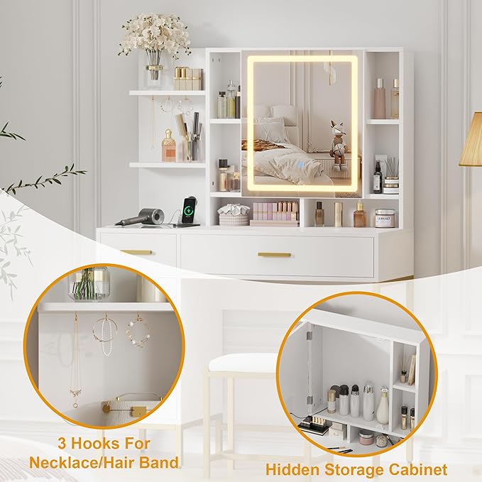 IDEALHOUSE Vanity Desk with Mirror and Lights, 42.5" Makeup Vanity Set with Stool, Makeup Table with Mirror Cabinet and Chair, Drawers & Shelves, Dressing Table with Outlet for Bedroom, White