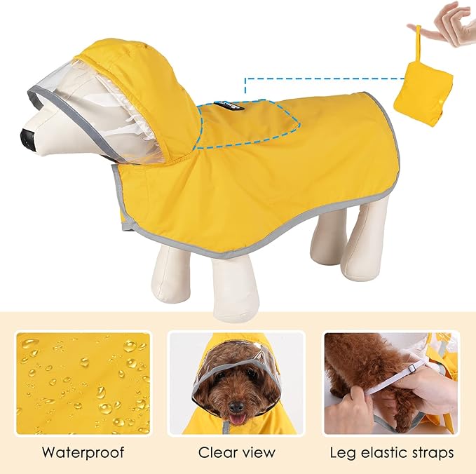 SlowTon Dog Raincoat, Adjustable Dog Rain Jacket Clear Hooded Double Layer, Waterproof Poncho with Reflective Strip Straps and Storage Pocket for Small Medium Large Dogs(M)