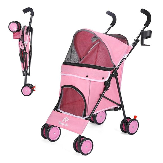 Umbrella Dog Stroller, Foldable Pet Stroller for Small Dogs Cats, 4 Wheels Pet Strolling Cart with Carrying Strap and Cup Holder, Breathable and Visible Mesh, Dog Poop Bags & Dispenser (Pink)