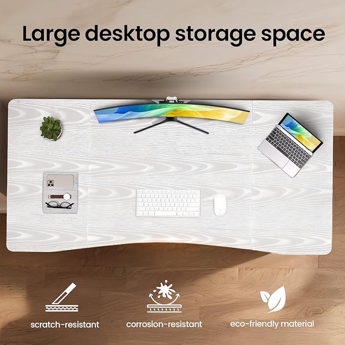 Veken 63 x 28 Inch Electric Standing Desk, Sit to Stand Up, Work Home Office Computer Table for Study, Walking Pad, Writing, and Games, Wooden Desktop Desks, White