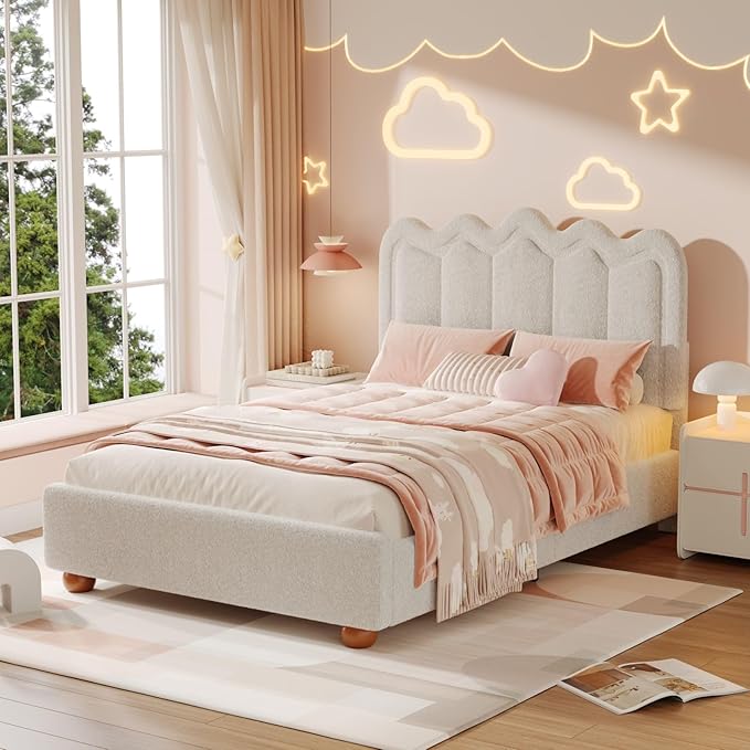 Queen Size Bed Frame with Headboard, Boucle Bed Frame, Soft Upholstered Platform Cloud Bedframe with Footboard, Solid Wood Legs, Solid Wooden Slats Support, No Box Spring Required, Easy Assembly