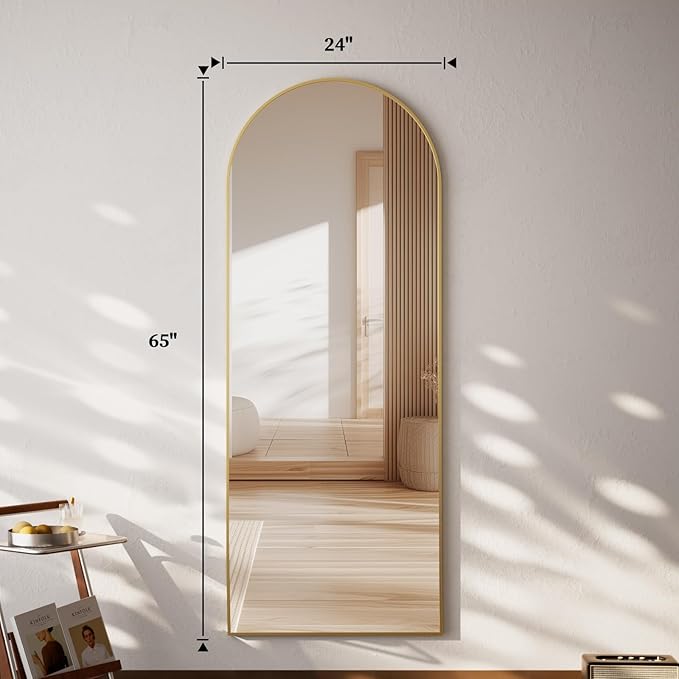 65 x 24 inch Arched Full Length Mirror - Full Body Floor Mirror, ShatterVue Tempered Glass, Standing, Leaning, Wall Mounted for Living Room, Bedroom, Gold