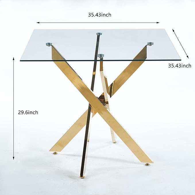 36" Square Dining Table for 4, Modern Clear Glass Kitchen Table for 4 with Gold X Metal Legs, Contemporary Small Glass Dining Room Leisure Tables for Kitchen Apartment