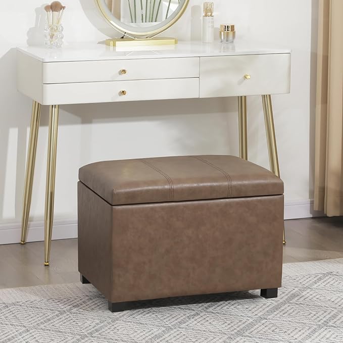 Joveco 24" Leather Storage Ottoman Bench, Rectangle Foot Rest Stool for Living Room, Bedroom, Entryway, Earthy Light Brown Veining