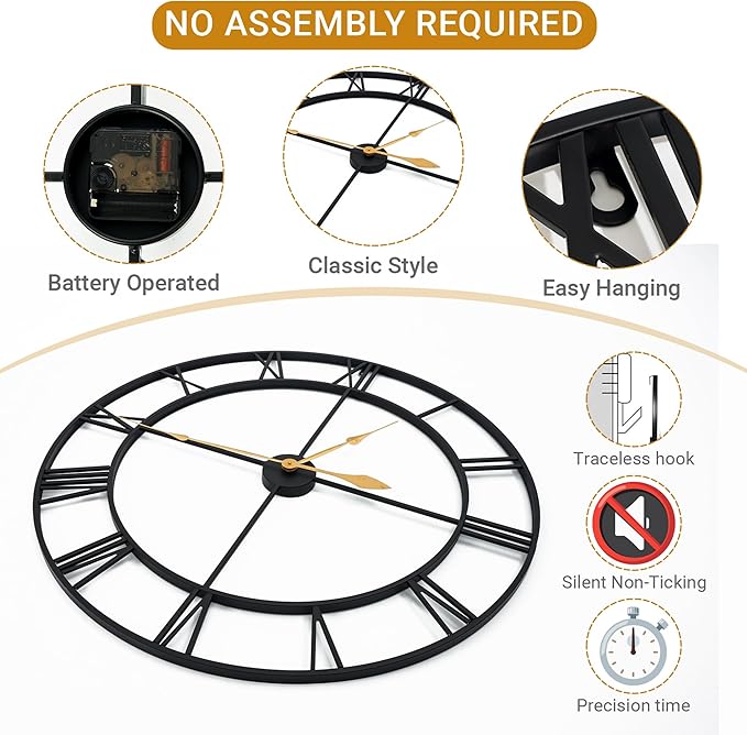 36inch/91cm Large Wall Clocks for Living Room Decor,Wall Clocks Battery Operated,Metal,Decorative,Analog,Silent, Non Ticking,Extra Large Wall Clock (Iron Roman Numerals, 36 inches)