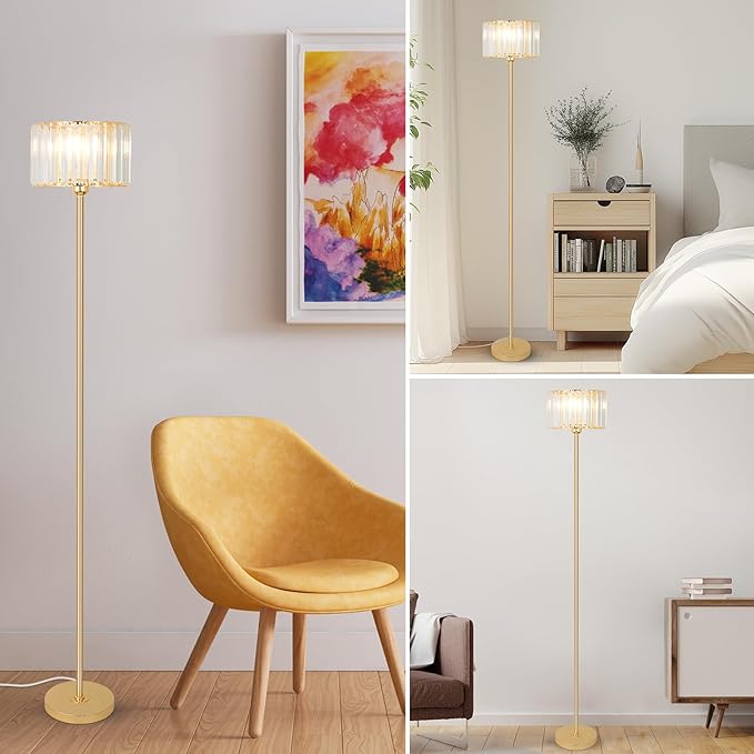 HMVPL Gold Floor Lamp for Living Room, Modern Floor Lamp with K9 Crystal Shade, Brass Standing Lamp with On/Off Switch,Mid Century Tall Lamp Crystal Pole Lamp for Bedroom Corner Office Nursery Reading