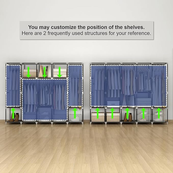 83 Inch Wide Portable Closet Wardrobe, Clothes Storage Rack Organizer with Cover, 5 Clothes Hanging Rods and 10 Storage Shelves, Black