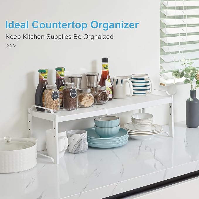 4 Pack Kitchen Cabinet Shelves Organizers, Kitchen Counter Storage Shelf Spice Rack, Expandable Length, Adjustable Height, Stackable, Sturdy 30LBS Bearing, Small Cupboard Tabletop Organizer Shelf Rack