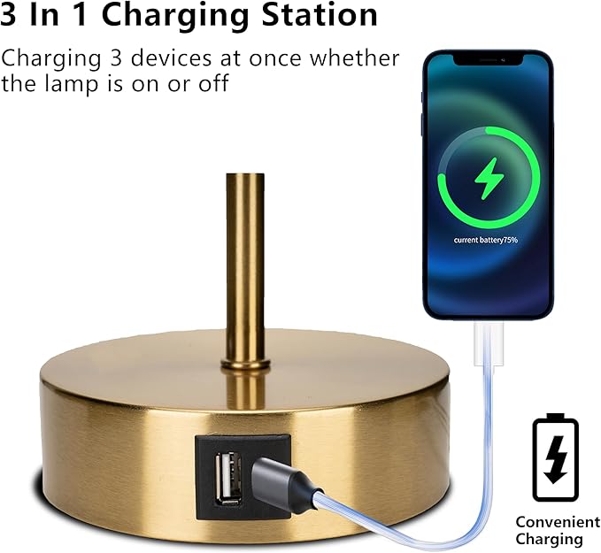 Bedside Table Lamp for Bedroom - 3 Way Dimmable Touch Lamp USB C Charging Ports and AC Outlet, Gold Base Round Flaxen Fabric Shade for Living Room, Desk, LED Bulb Included(Gold Touch Control)