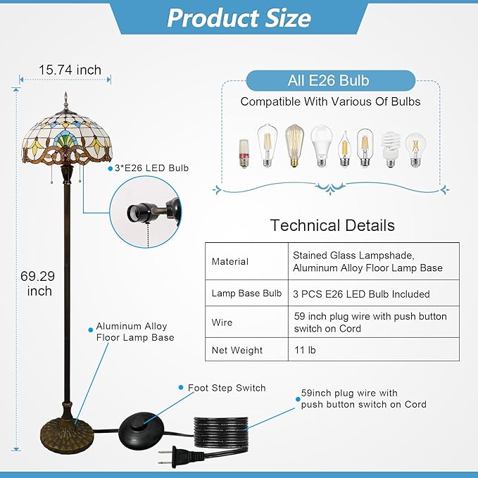 Tiffany Floor Lamp 3 Lights Baroque Stained Glass Standing Reading Light Antique Pole Corner Lamp for Living Room Bedroom Home Office,15.74 inch