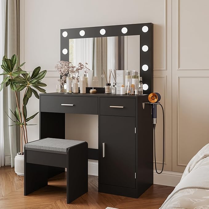 Vanity, Vanity Desk with Mirror, Large Drawer and Power Socket with 11 Light Bulbs and 3 Adjustable Lighting Modes, Vanity Table Ideal for Bedroom (Black)