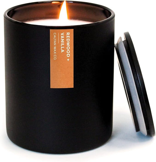 Calyan Wax Co. Redwood & Vanilla Scented Candle - 75 Hour Burn - Luxury Non Toxic Soy Wax Candles - Long Lasting Black Tumbler Jar Candle for Home - 10.2oz