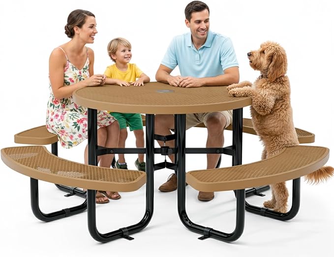 Metal Picnic Tables for Outdoors with Umbrella Hole - Coated Steel Heavy Duty Commercial Grade Furniture Set with Adjustable Seats (Brown, 46 in, Round, Expanded Steel)